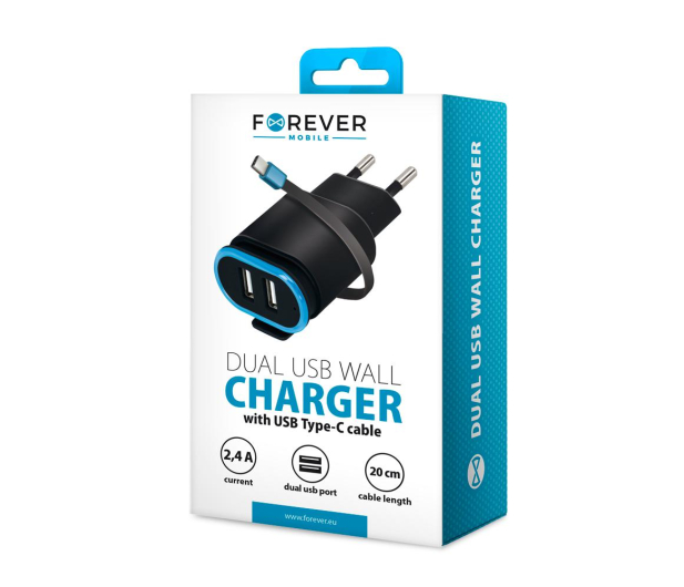 FOREVER TC-02 2xUSB 2.4A + kabel USB-C czarna - 1390290 - zdjęcie 2